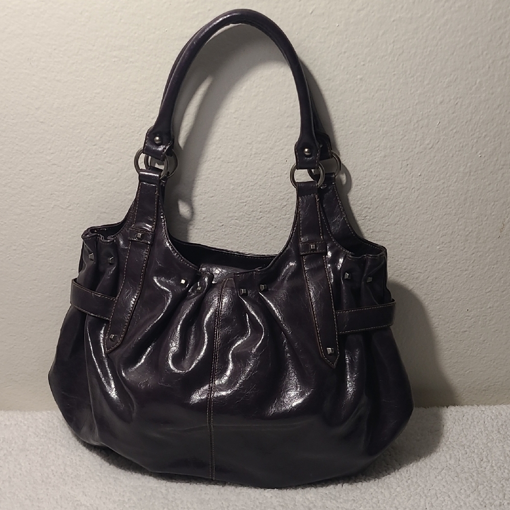 Plum Purple Faux Leather Shoulder Bag Slouchy Hobo Style Large EUC